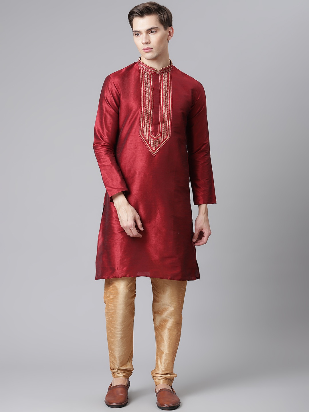 

Readiprint Fashions Men Maroon & Golden Embroidered Thread Work Kurta with Churidar
