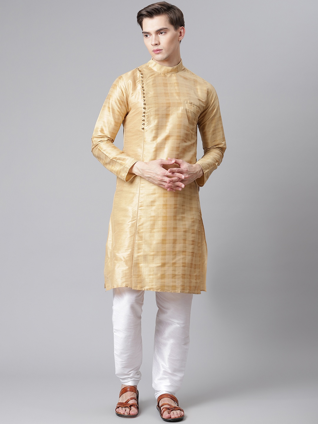 

Readiprint Fashions Men Golden & White Angrakha Kurta with Churidar, Gold