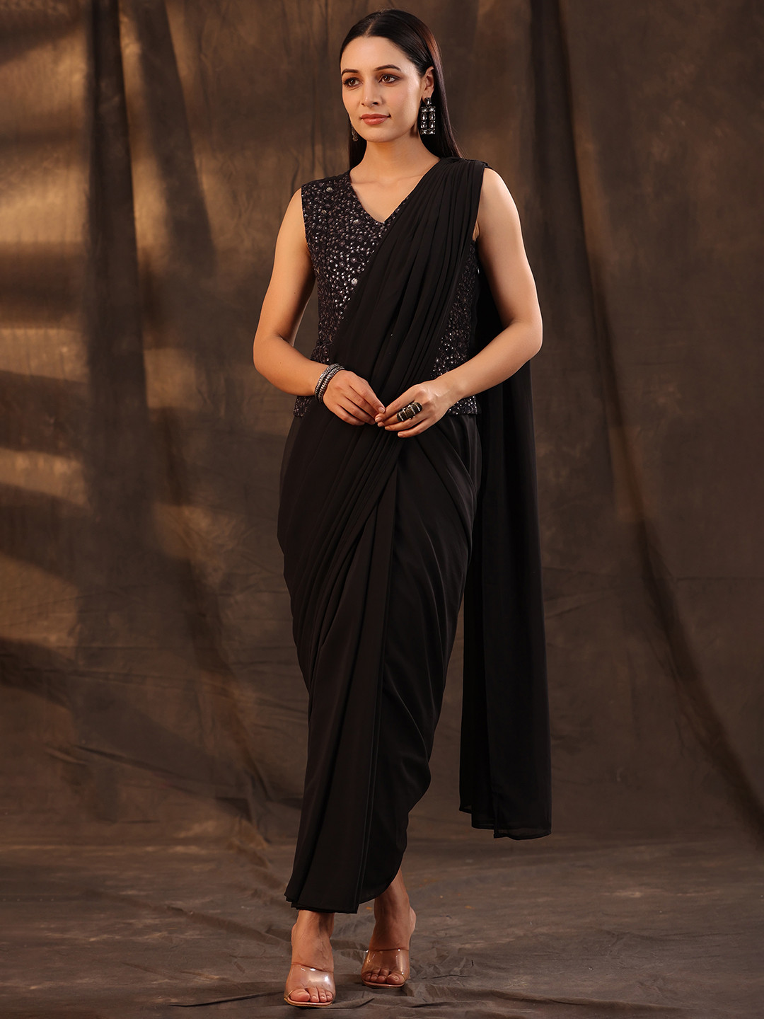 

Juniper Black & tap shoe Sequinned Pure Georgette Ready to Wear Saree