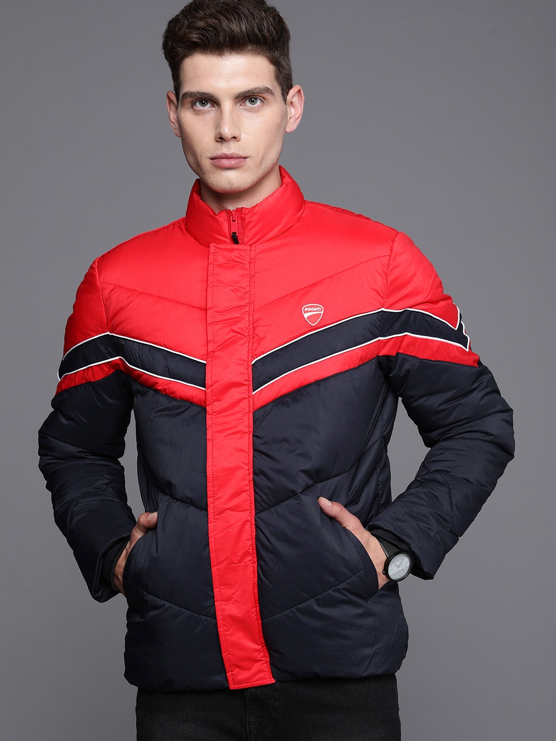 

Ducati Men Navy Blue Red Colourblocked Padded Jacket