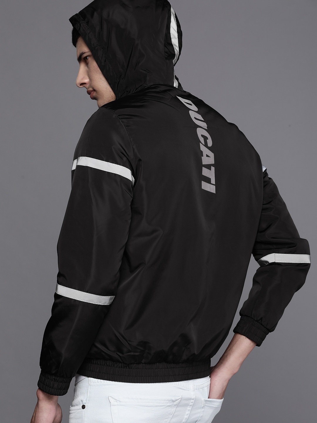 

Ducati Men Black Grey Striped Sporty Jacket