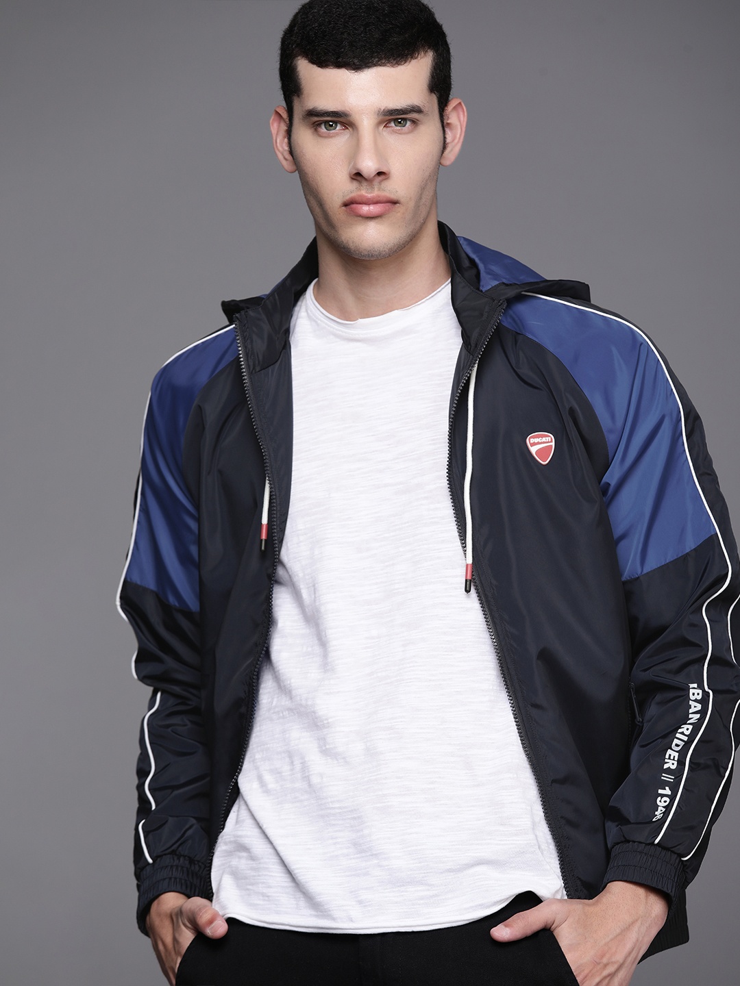 

Ducati Men Navy Blue & Blue Colourblocked Sporty Jacket