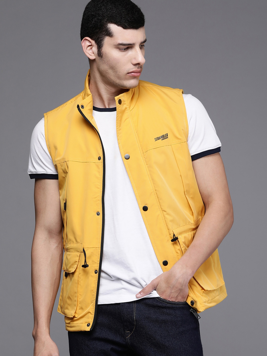 

Ducati Men Yellow Solid Sleevless Bomber Jacket