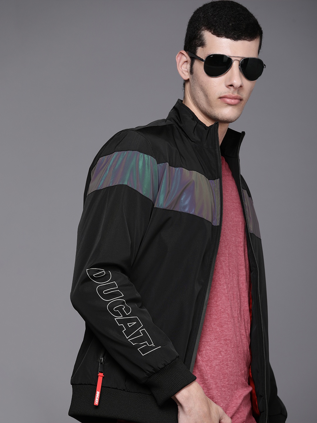 

Ducati Men Black & Silver-Toned Colourblocked Sporty Jacket