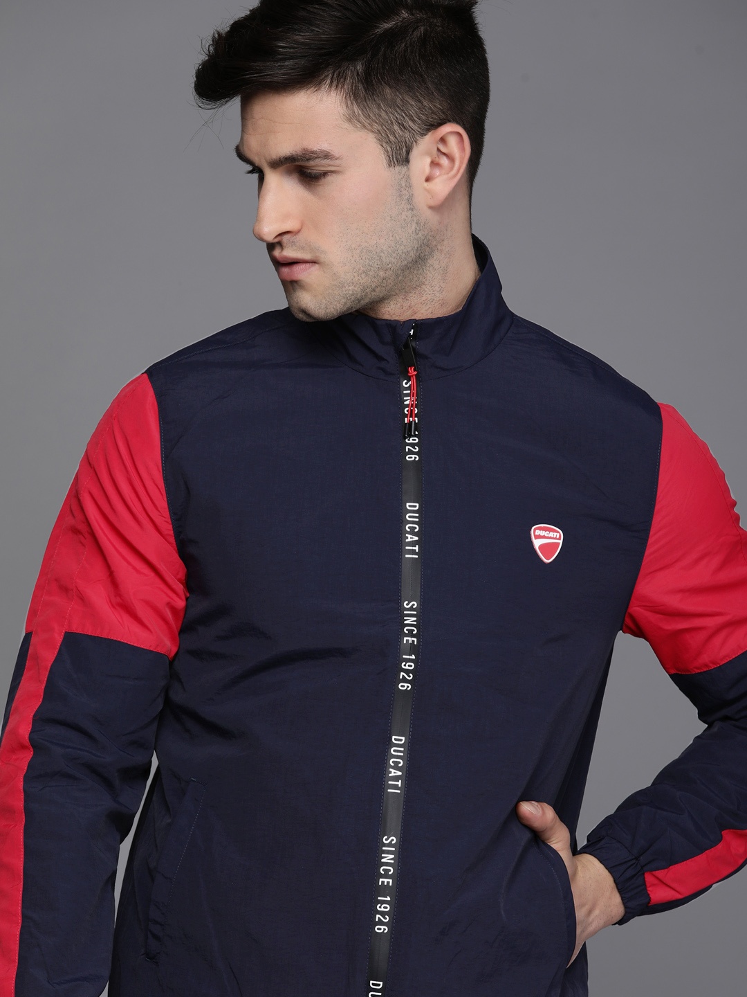 

Ducati Men Navy Blue & Red Colourblocked Bomber Jacket
