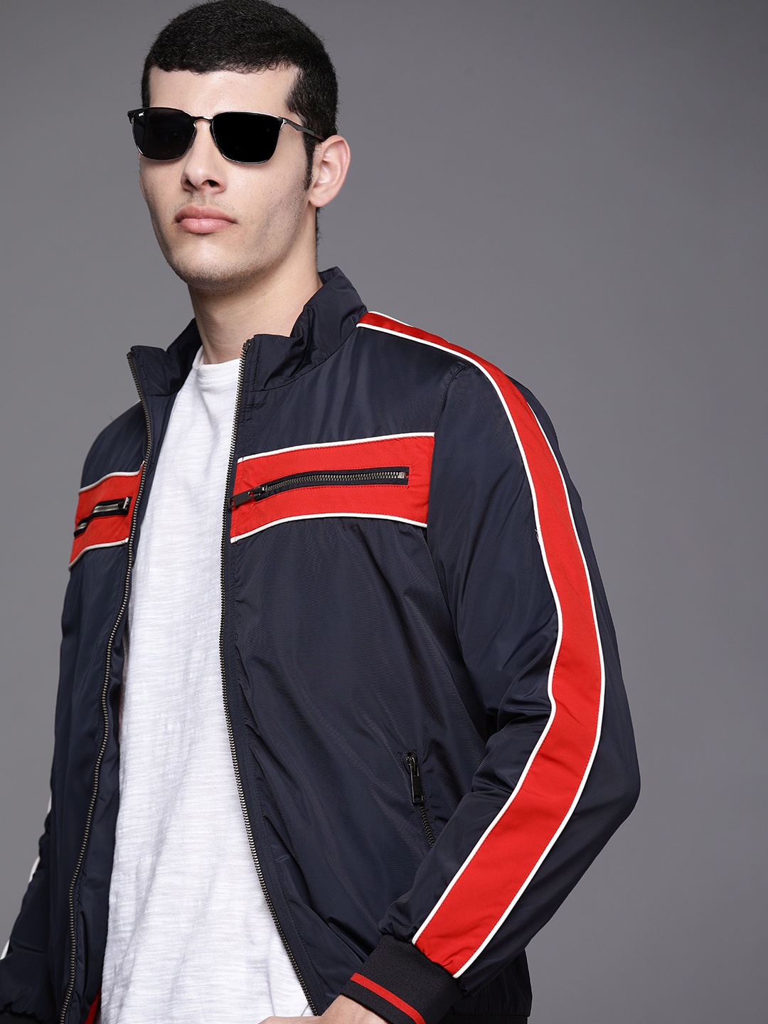 

Ducati Men Navy Blue & Red Colourblocked Sporty Jacket