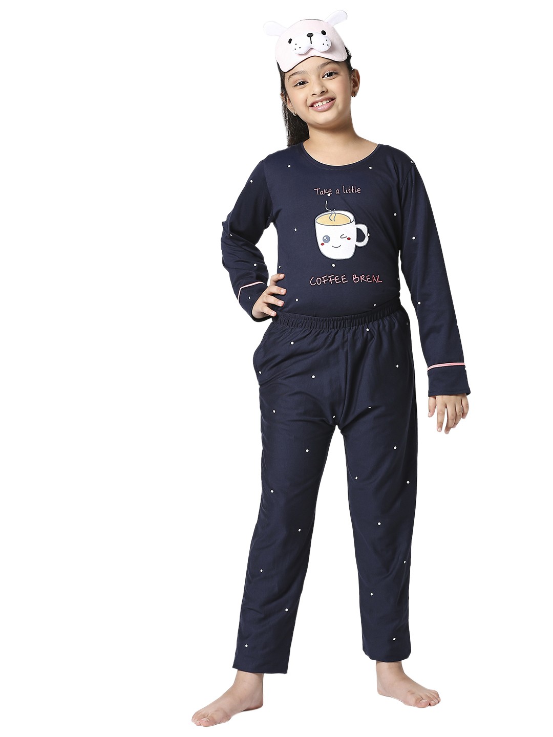 

Zeyo Girls Navy Blue & White Printed Night suit