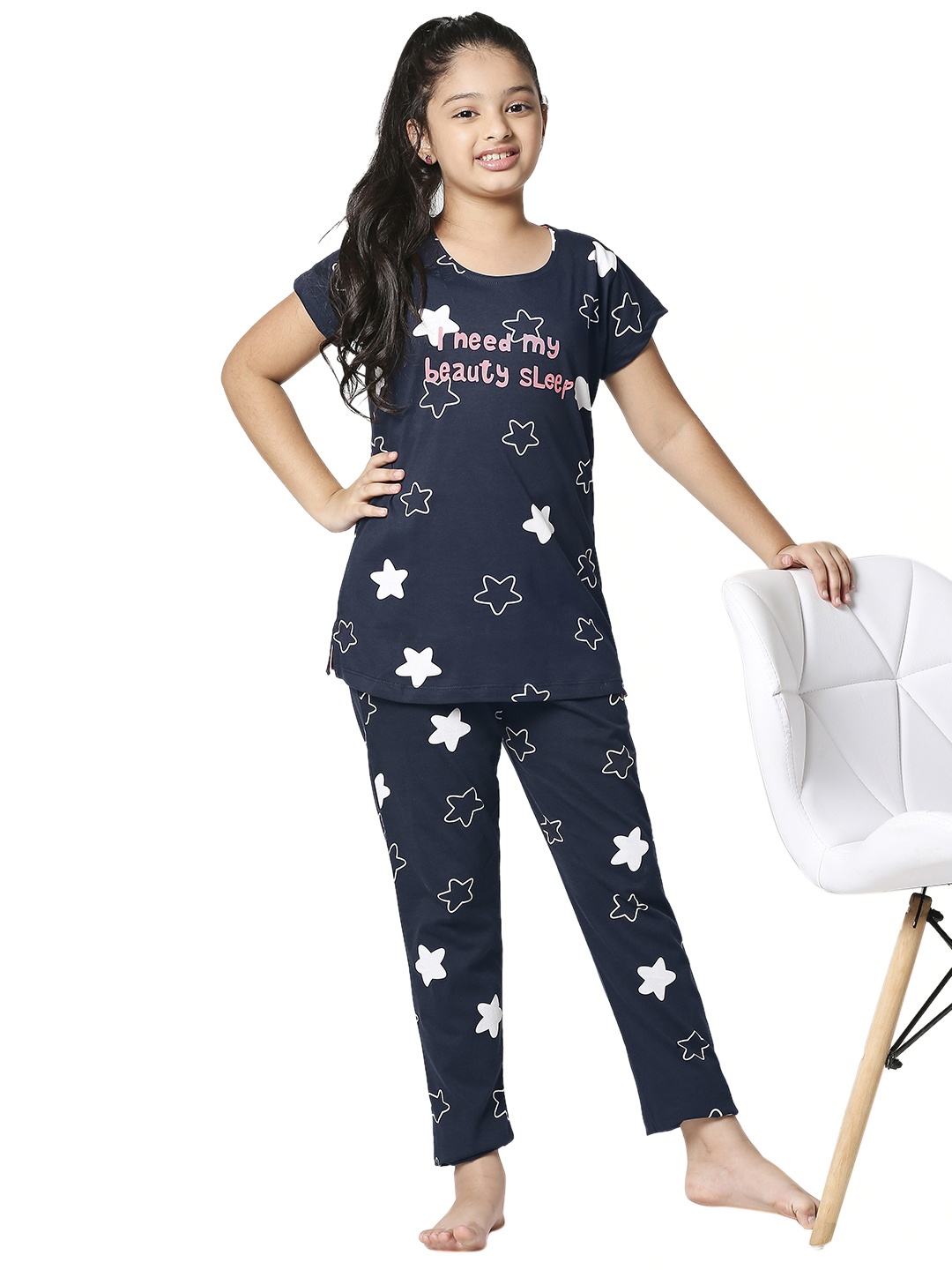 

Zeyo Girls Navy Blue & White Printed Cotton Night Suit