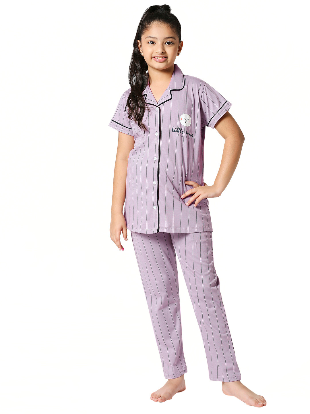 

Zeyo Girls Lavender & Black Striped Cotton Night suit