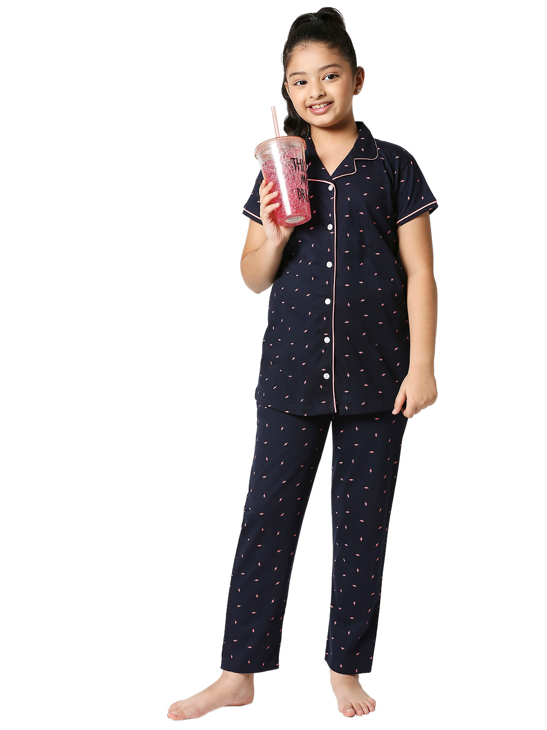 

Zeyo Girls Navy Blue & Pink Printed Night suit