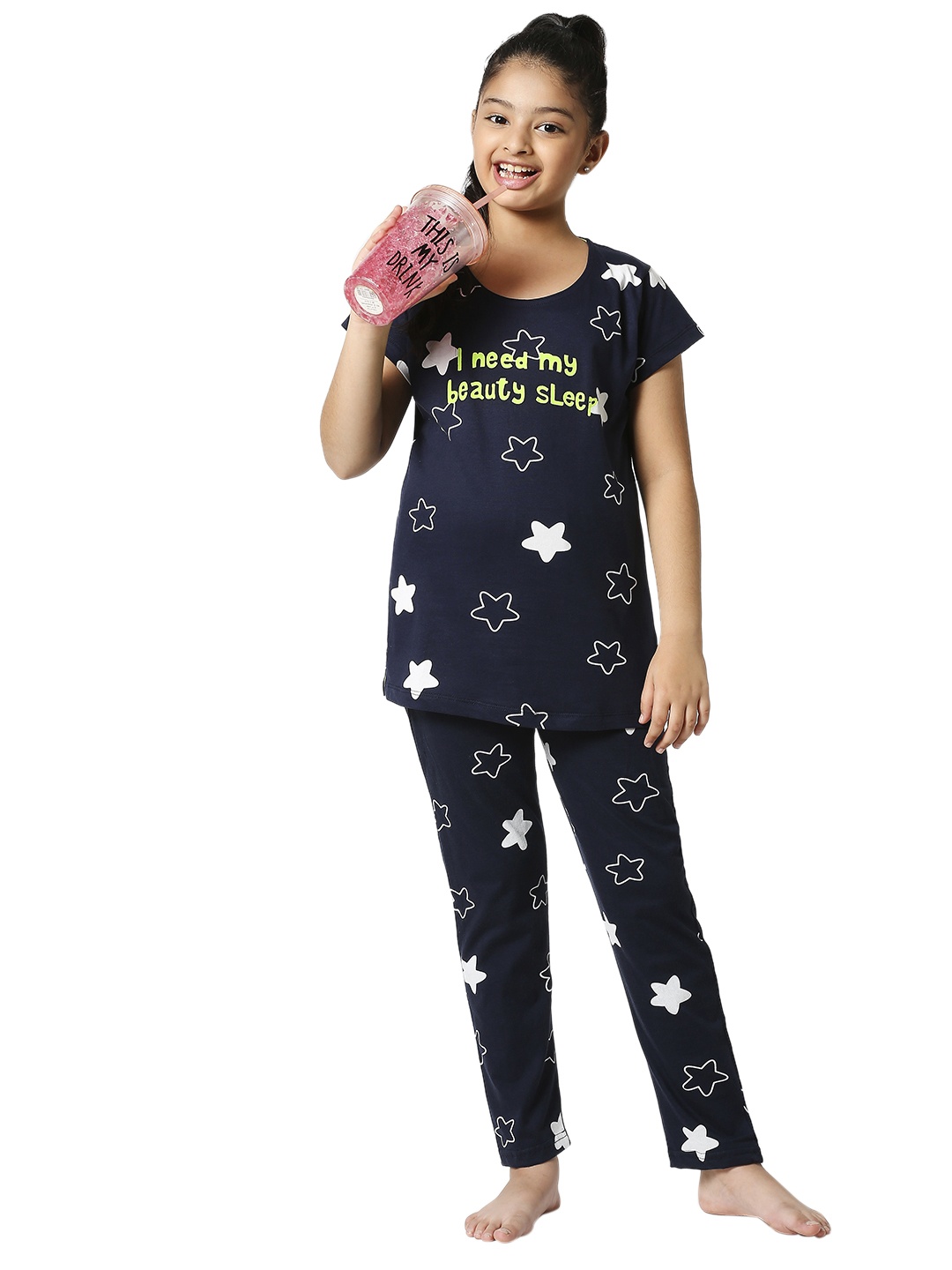 

Zeyo Girls Navy Blue Star Printed Cotton Night Suit