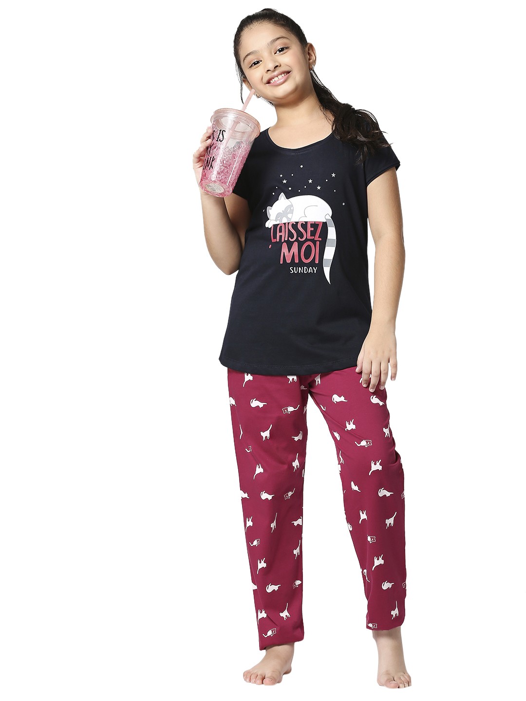 

Zeyo Girls Navy Blue & Pink Printed Cotton Night Suit