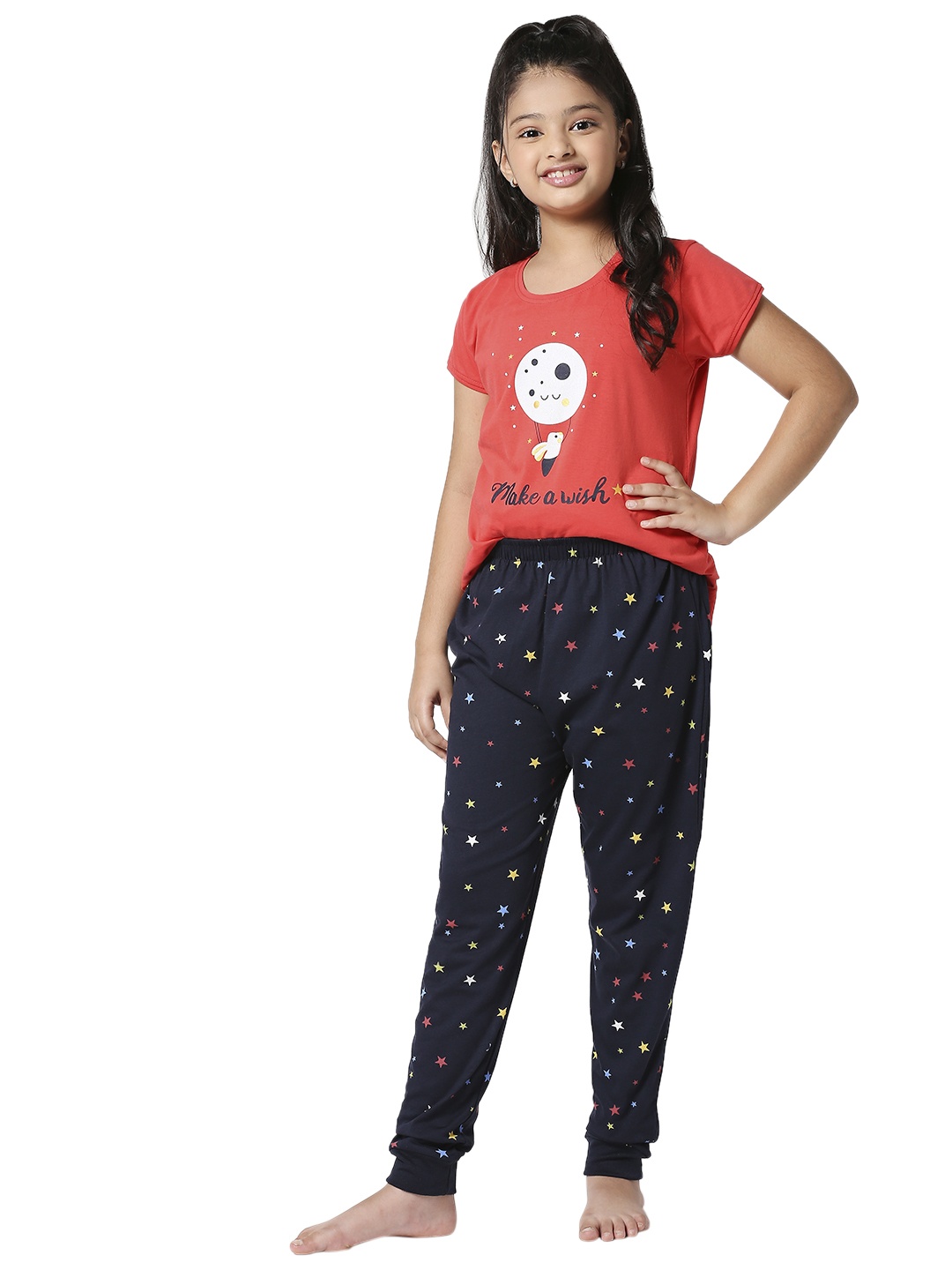 

Zeyo Girls Red & Navy Blue Printed Cotton Night suit