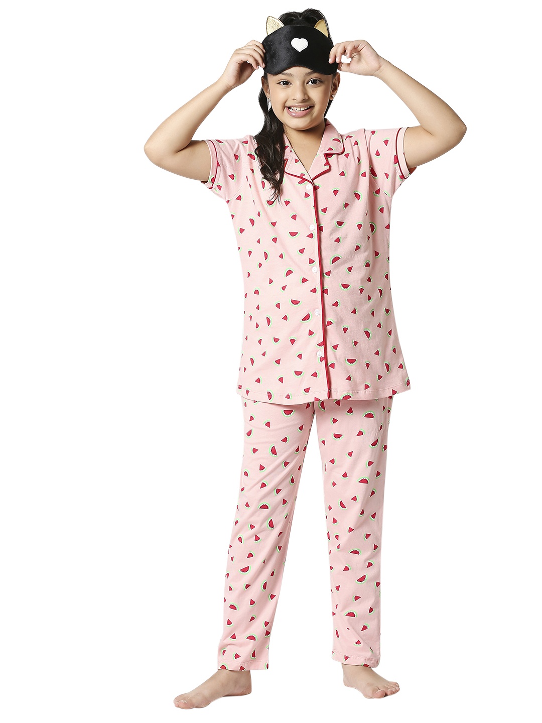 

Zeyo Girls Pink & Red Printed Night suit