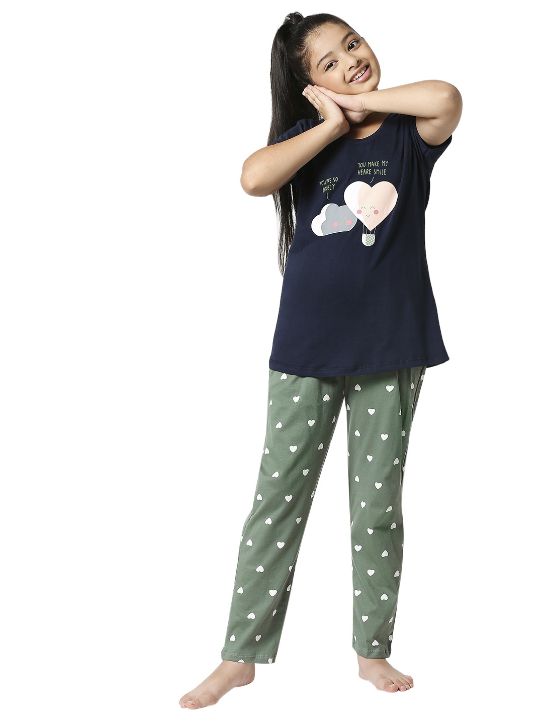 

Zeyo Girls Navy Blue & Green Printed Cotton Night suit