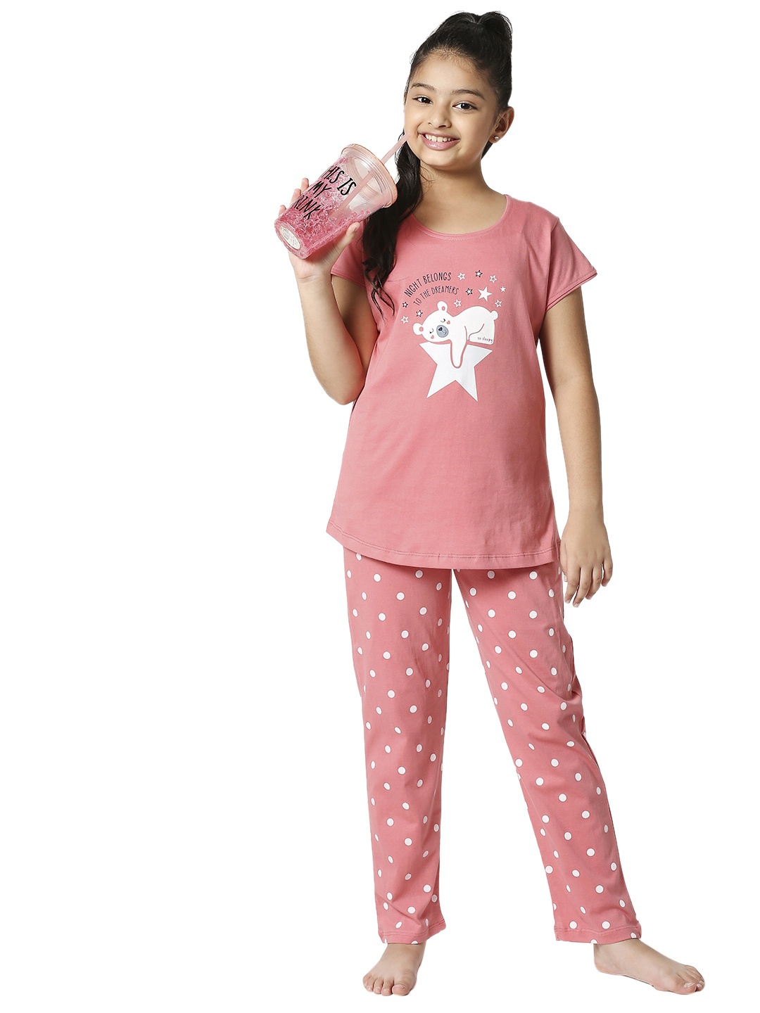 

Zeyo Girls Pink Printed Cotton Night suit