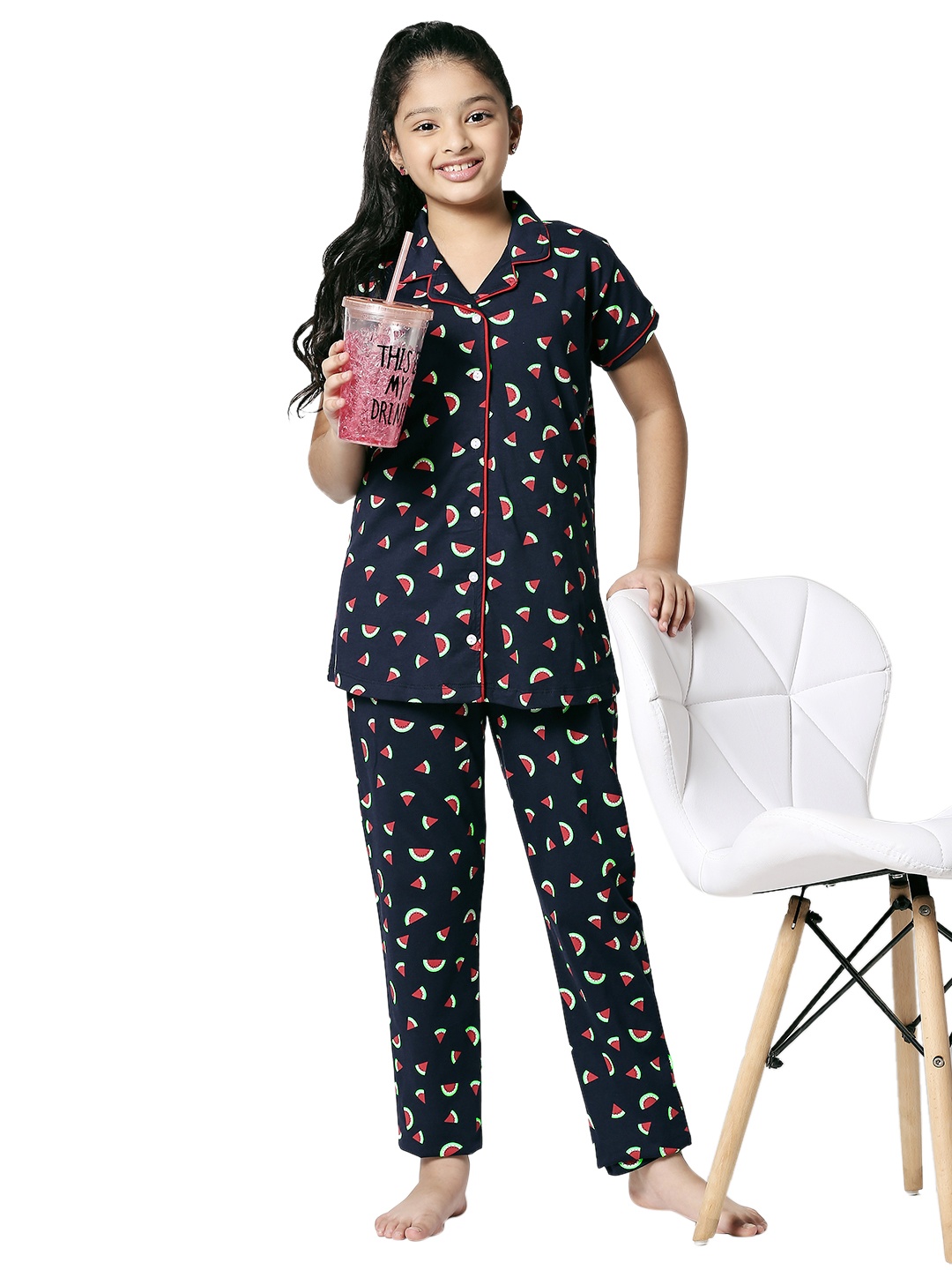 

Zeyo Girls Navy Blue & Red Printed Cotton Night Suit