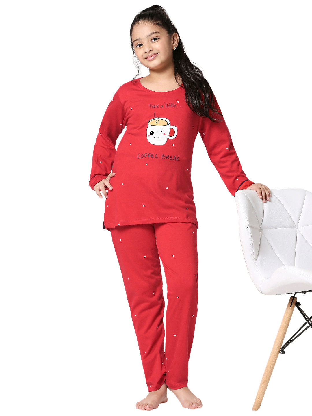 

Zeyo Girls Red & White Printed Cotton Night Suit