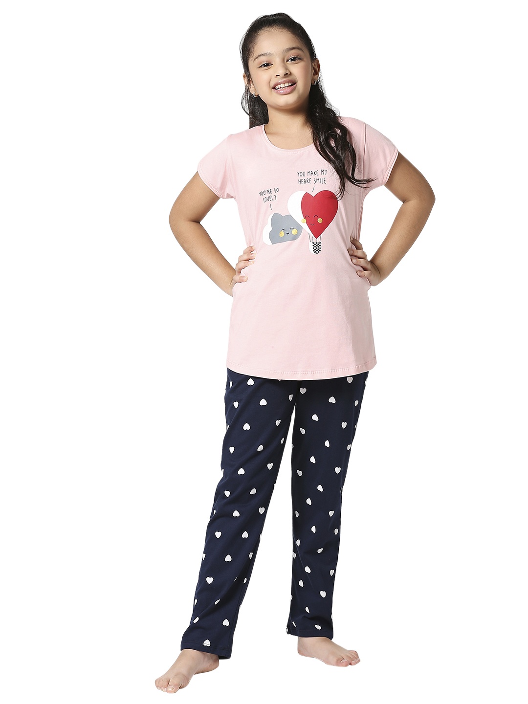 

Zeyo Girls Peach & Navy Blue Printed Cotton Night Suit