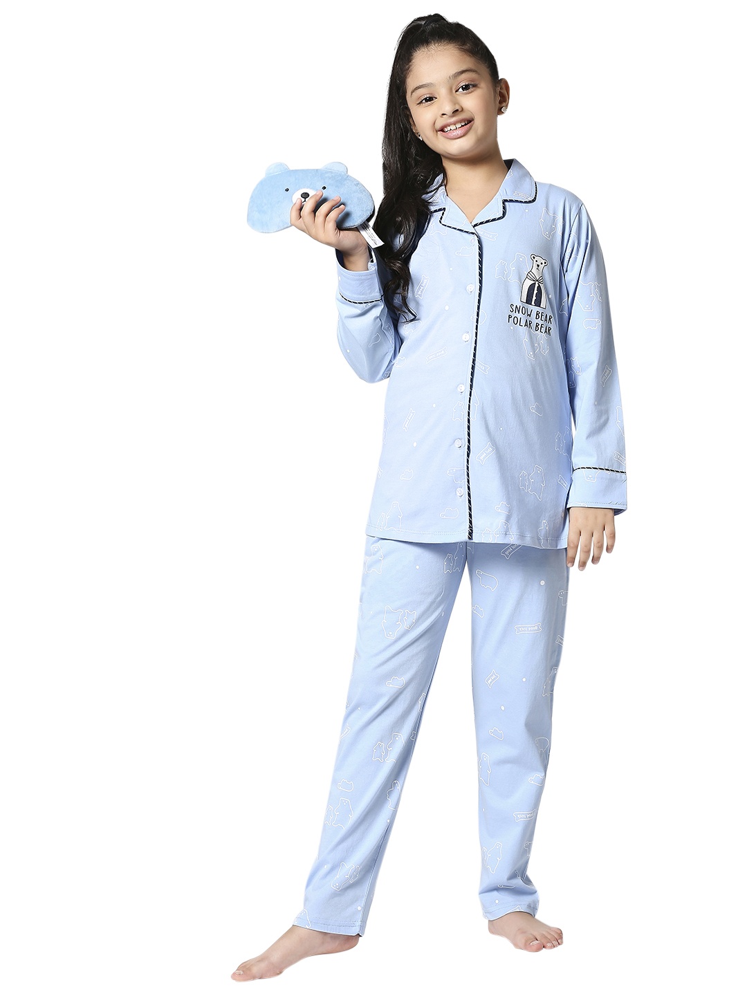 

Zeyo Girls Blue & White Printed Night suit