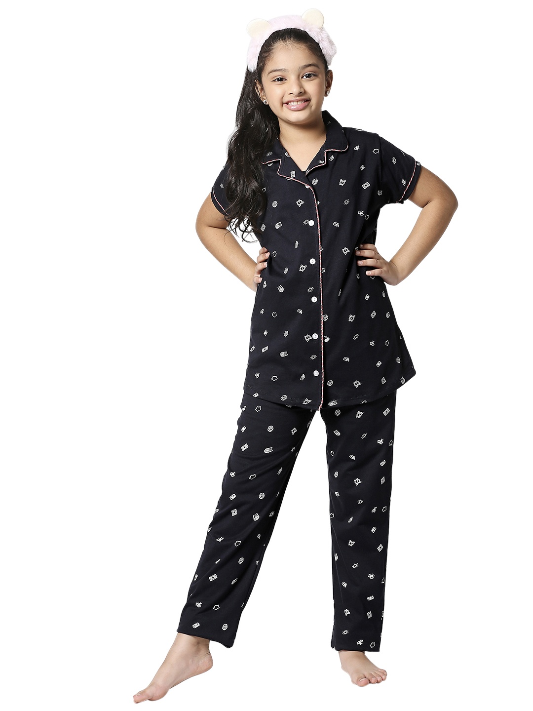 

Zeyo Girls Navy Blue & White Printed Cotton Night Suit
