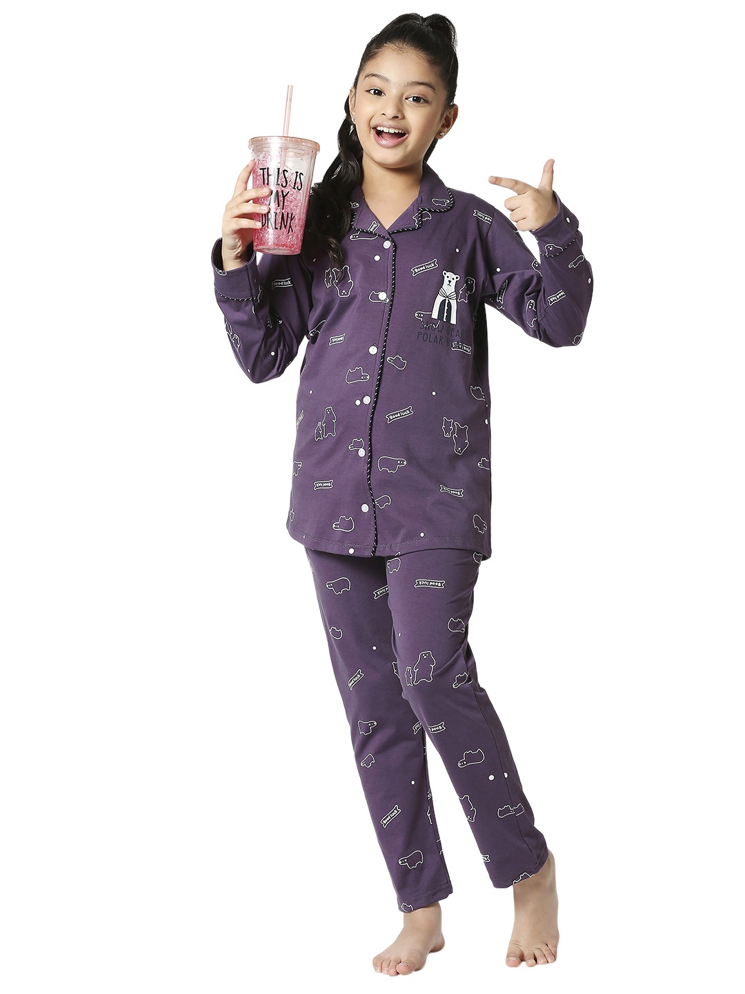 

Zeyo Girls Purple & White Printed Night Suit