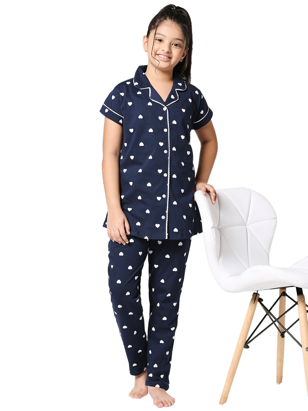 

Zeyo Girls Navy Blue & White Printed Cotton Night suit