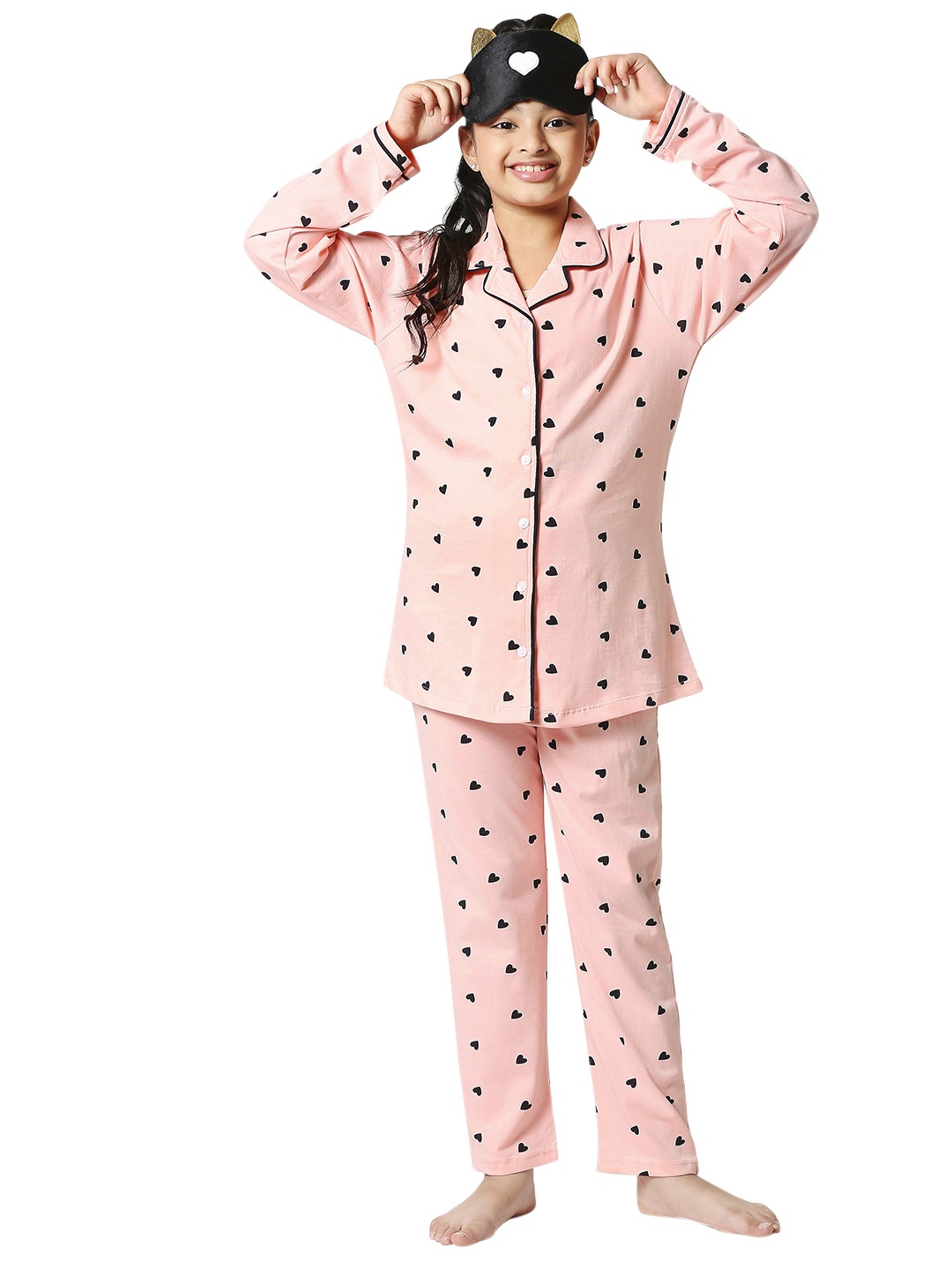 

Zeyo Girls Peach & Black Printed Cotton Night Suit