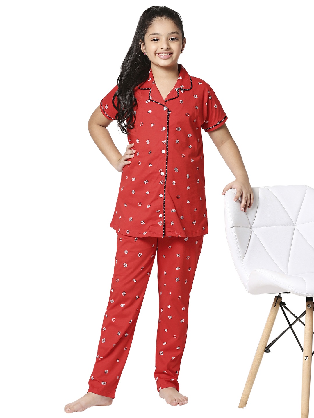 

Zeyo Girls Red & White Printed Night suit