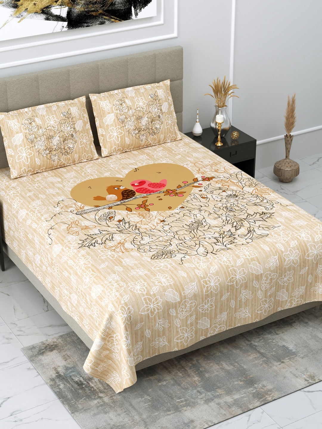 

DREAM WEAVERZ Beige & White Floral Glazed Cotton 220 TC King Bedsheet with 2 Pillow Covers