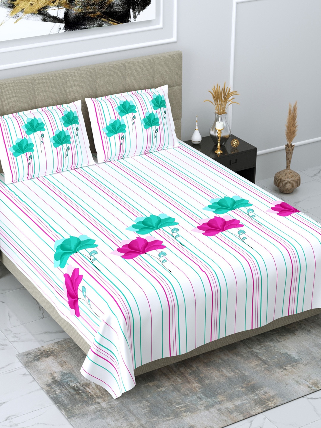 

DREAM WEAVERZ White & Pink Striped Glazed Cotton 220 TC King Bedsheet with 2 Pillow Covers