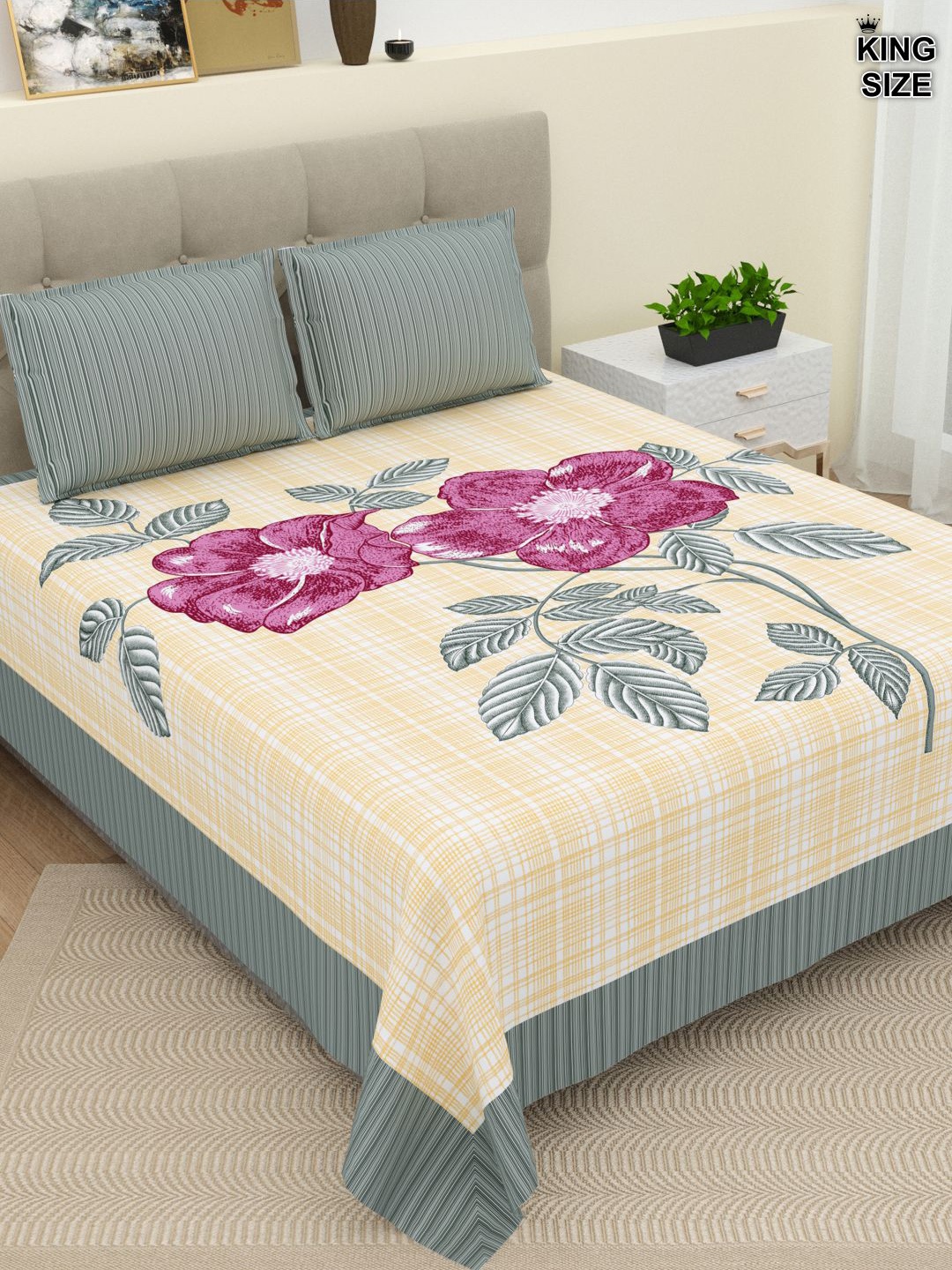 

DREAM WEAVERZ Yellow & Grey Pure Cotton 220 TC Super King Bedsheet with 2 Pillow Covers