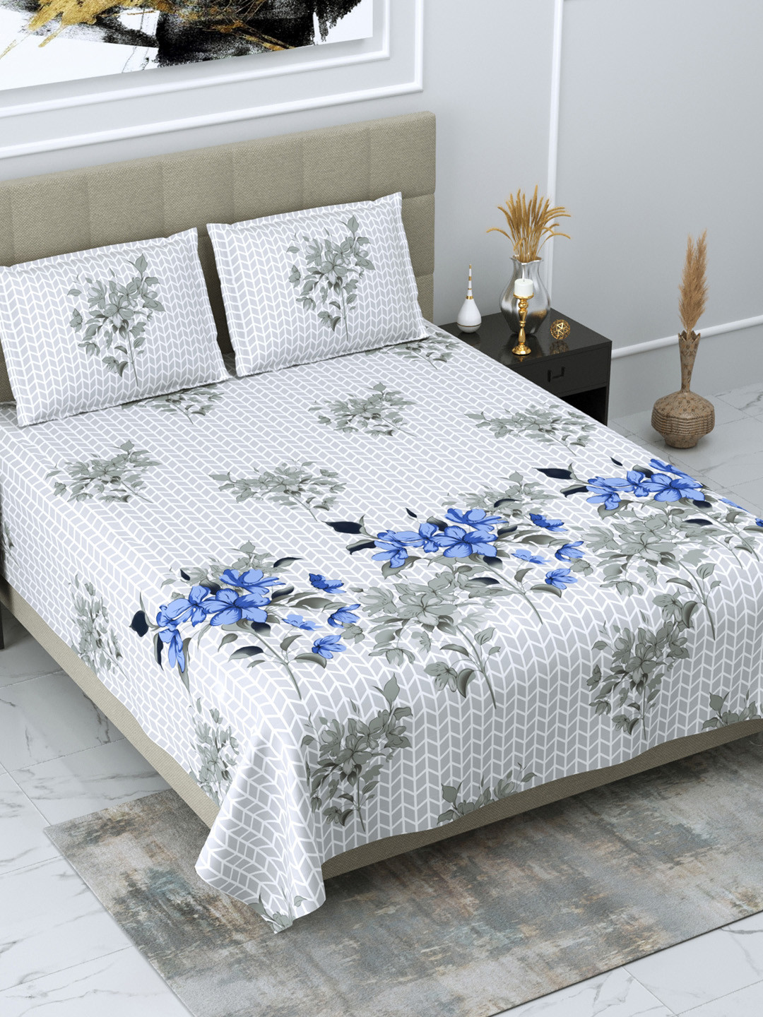 

DREAM WEAVERZ Grey & Blue Floral Glazed Cotton 220 TC King Bedsheet with 2 Pillow Covers