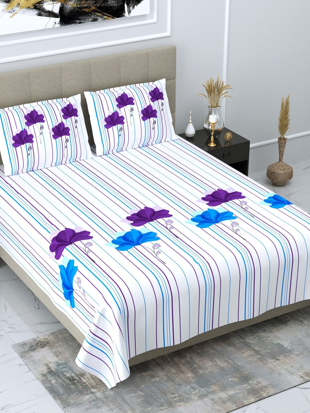 

DREAM WEAVERZ White & Blue Striped Glazed Cotton 220 TC King Bedsheet with 2 Pillow Covers