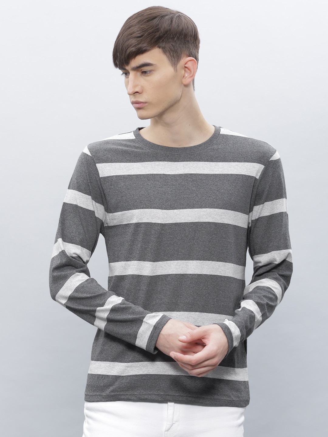 

ether Men Charcoal Grey Striped Pure Cotton T-shirt