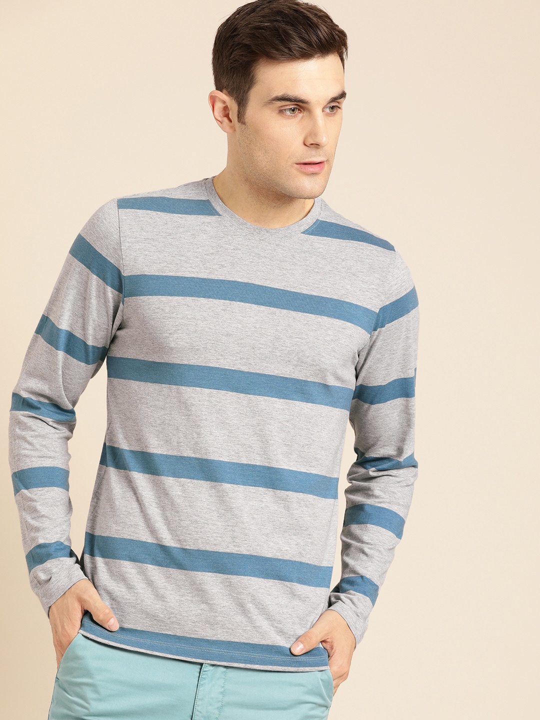 

ether Men Grey & Blue Striped Round Neck T-Shirt