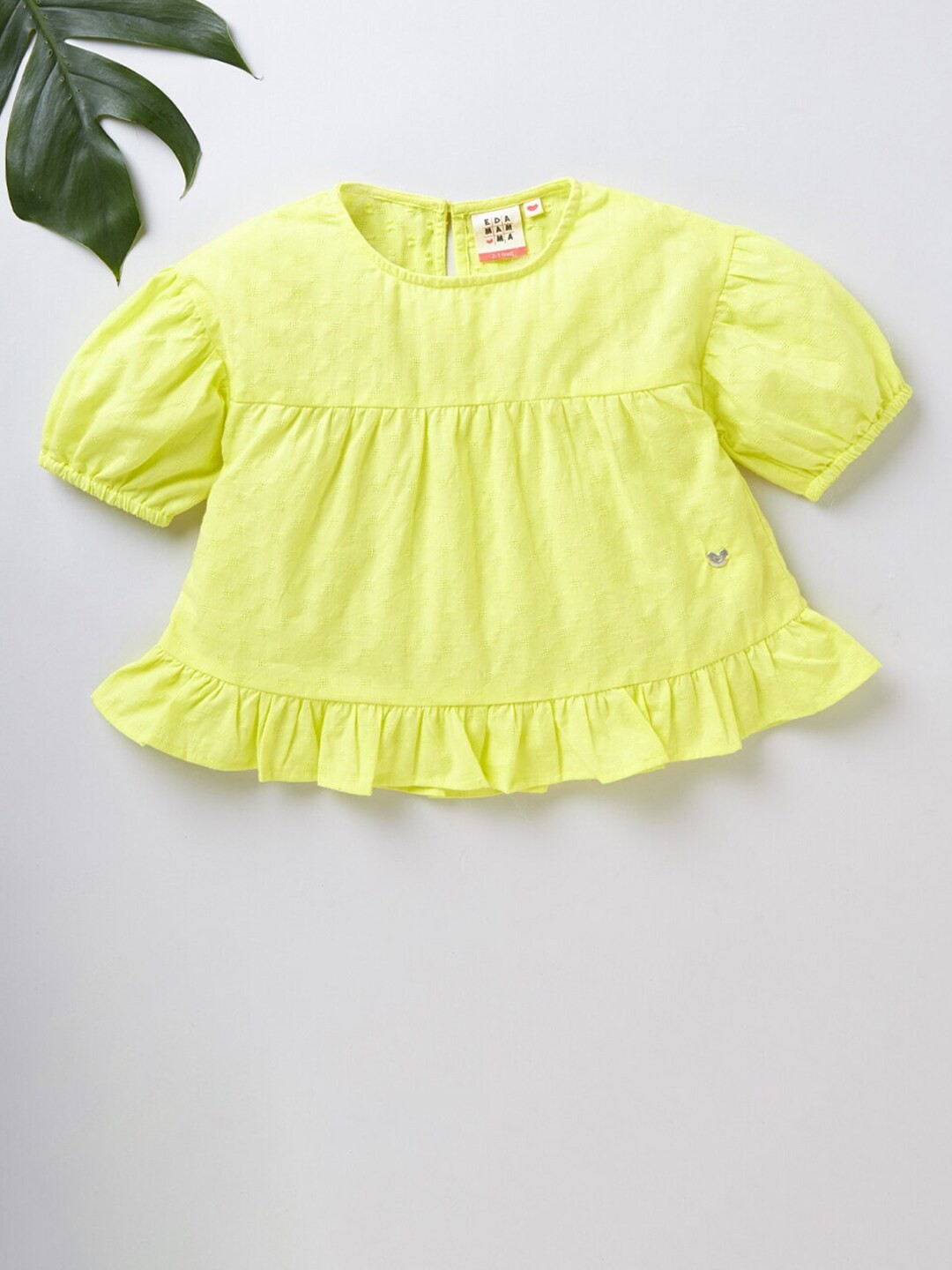 

Ed-a-Mamma Yellow Geometric Embroidered Puff Sleeve A-Line Sustainable Top