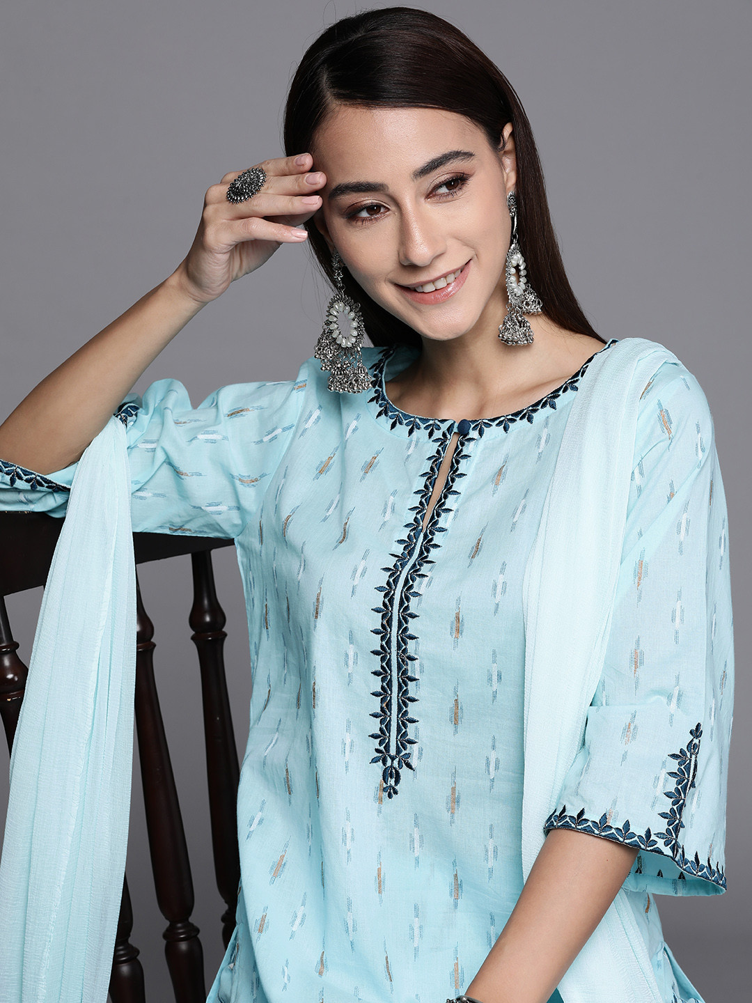 

Libas Women Blue Pure Cotton Printed Kurta with Trousers & Dupatta