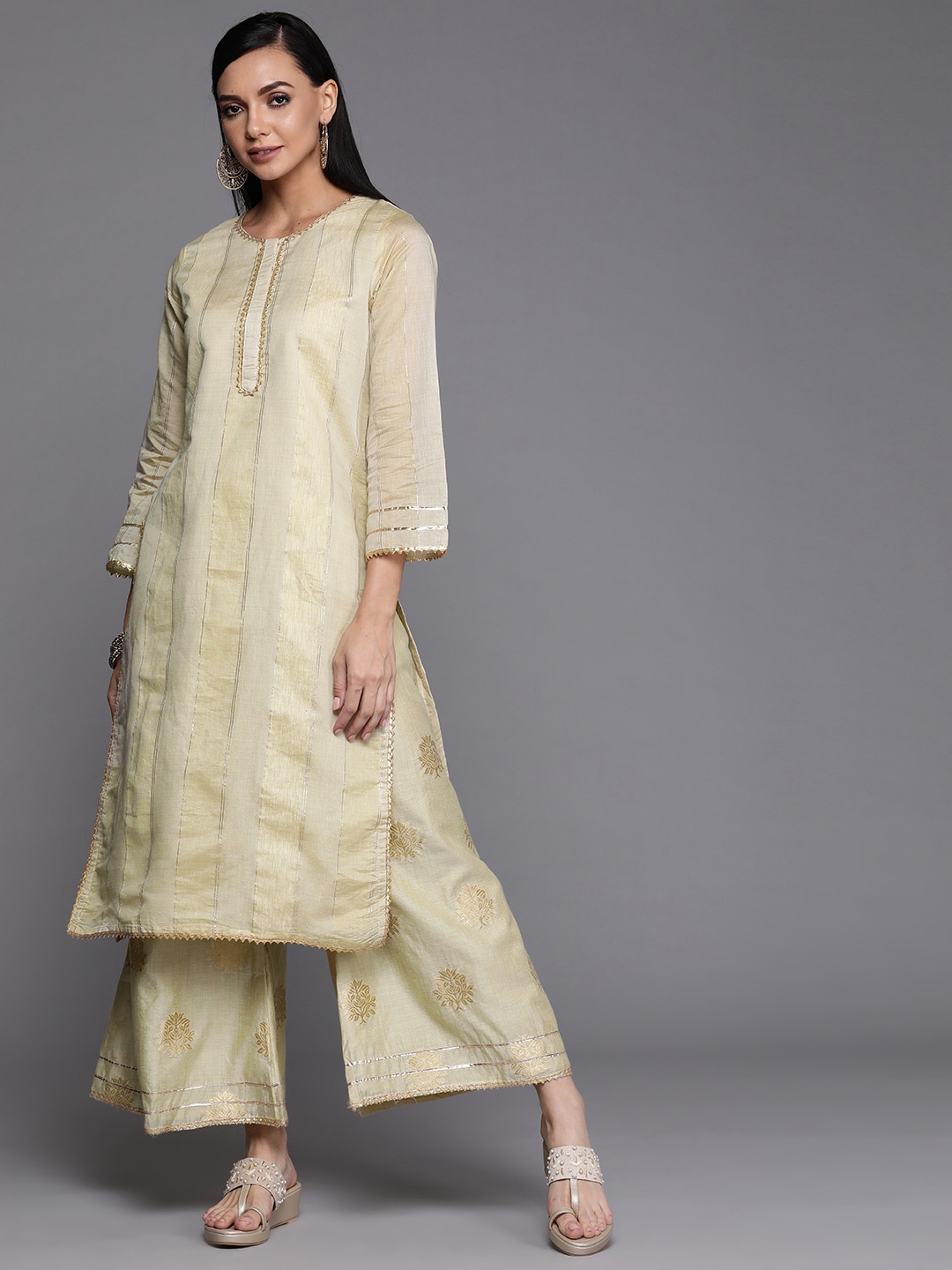 

Libas Women Beige Striped Straight Kurta with Palazzos