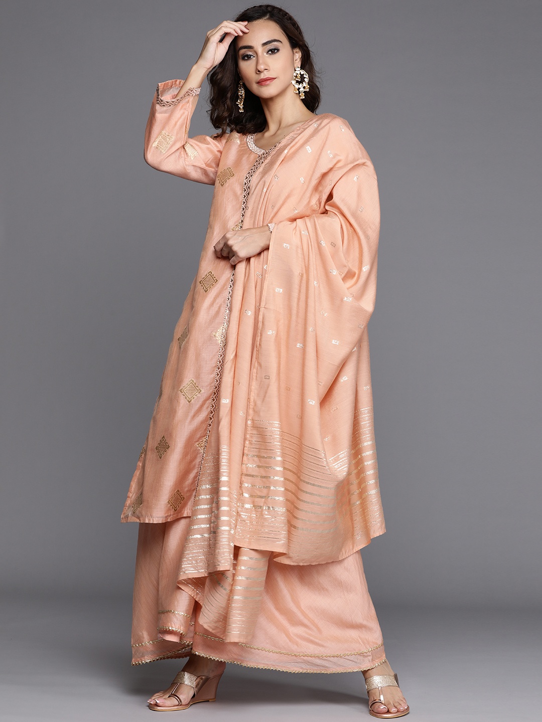 

Libas Women Peach-Coloured & Golden Embroidered Kurta with Palazzos & Dupatta