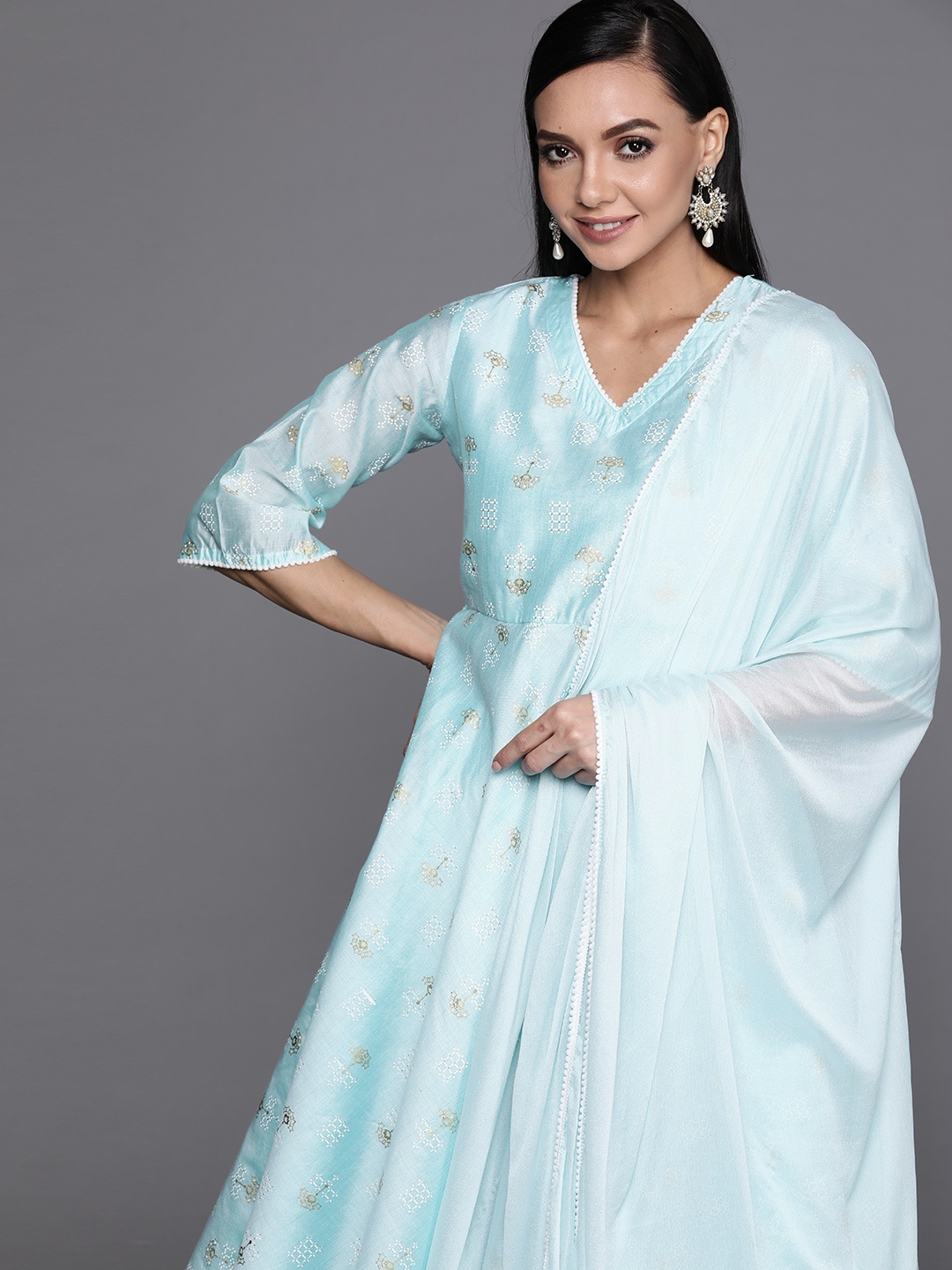 

Libas Women Blue & Golden Printed Kurta & Palazzos with Dupatta