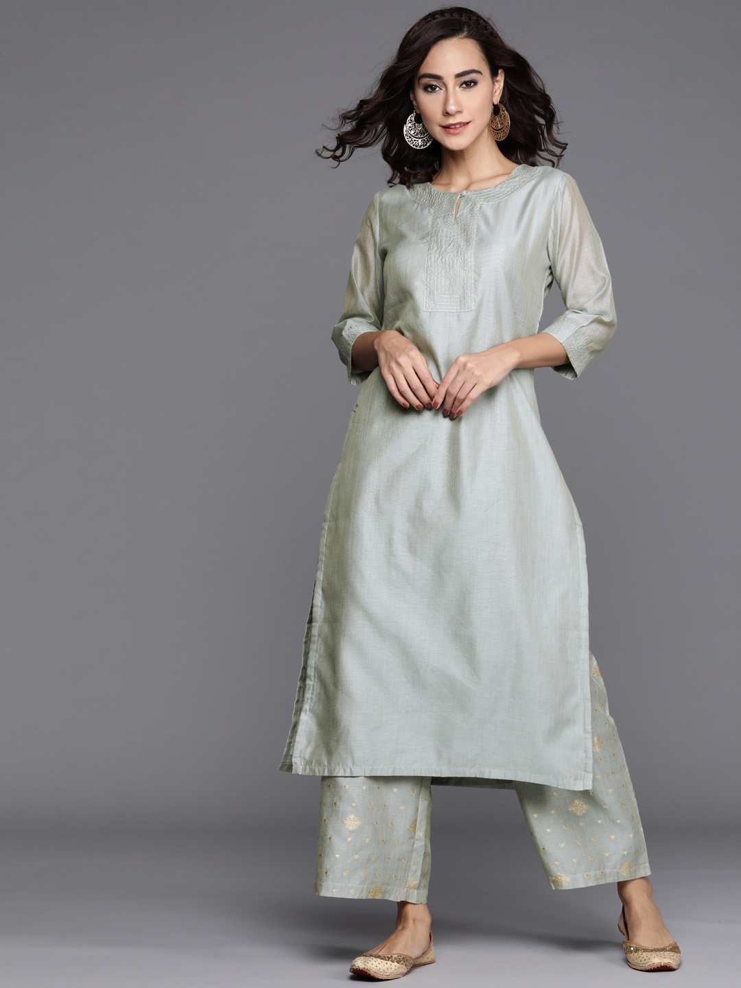 

Libas Women Grey Chanderi Silk Kurta with Palazzos