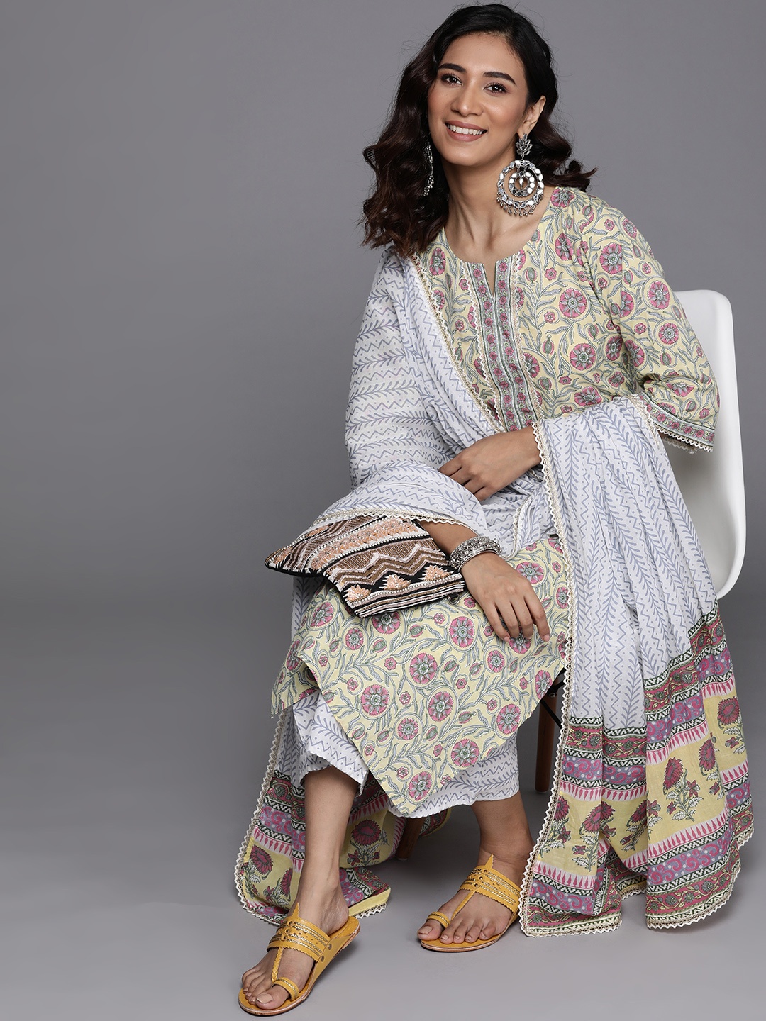

Libas Women Yellow & Pink Pure Cotton Floral Printed Kurta with Palazzos & Dupatta