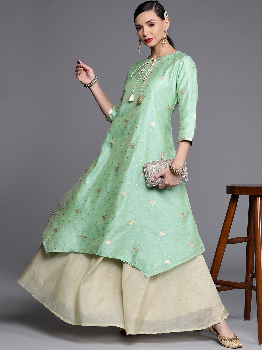 

Libas Women Green & Beige Woven Design Asymmetric A-Line Kurta with Skirt