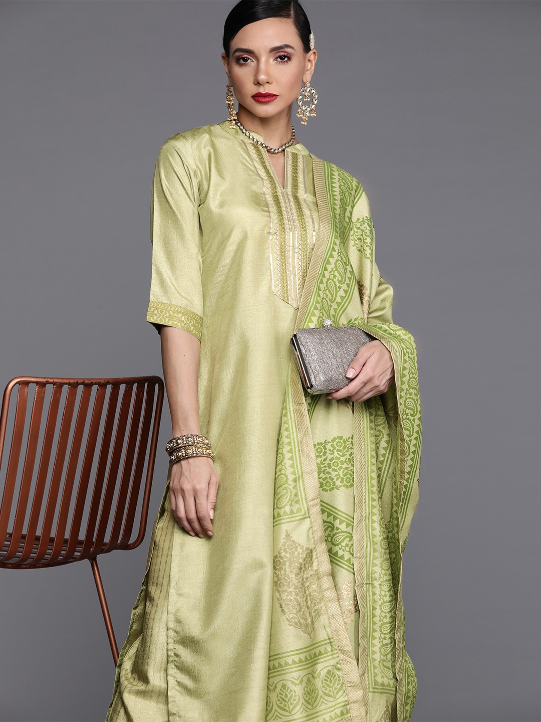 

Libas Women Green & Golden Yoke Design Kurta with Palazzos & With Dupatta