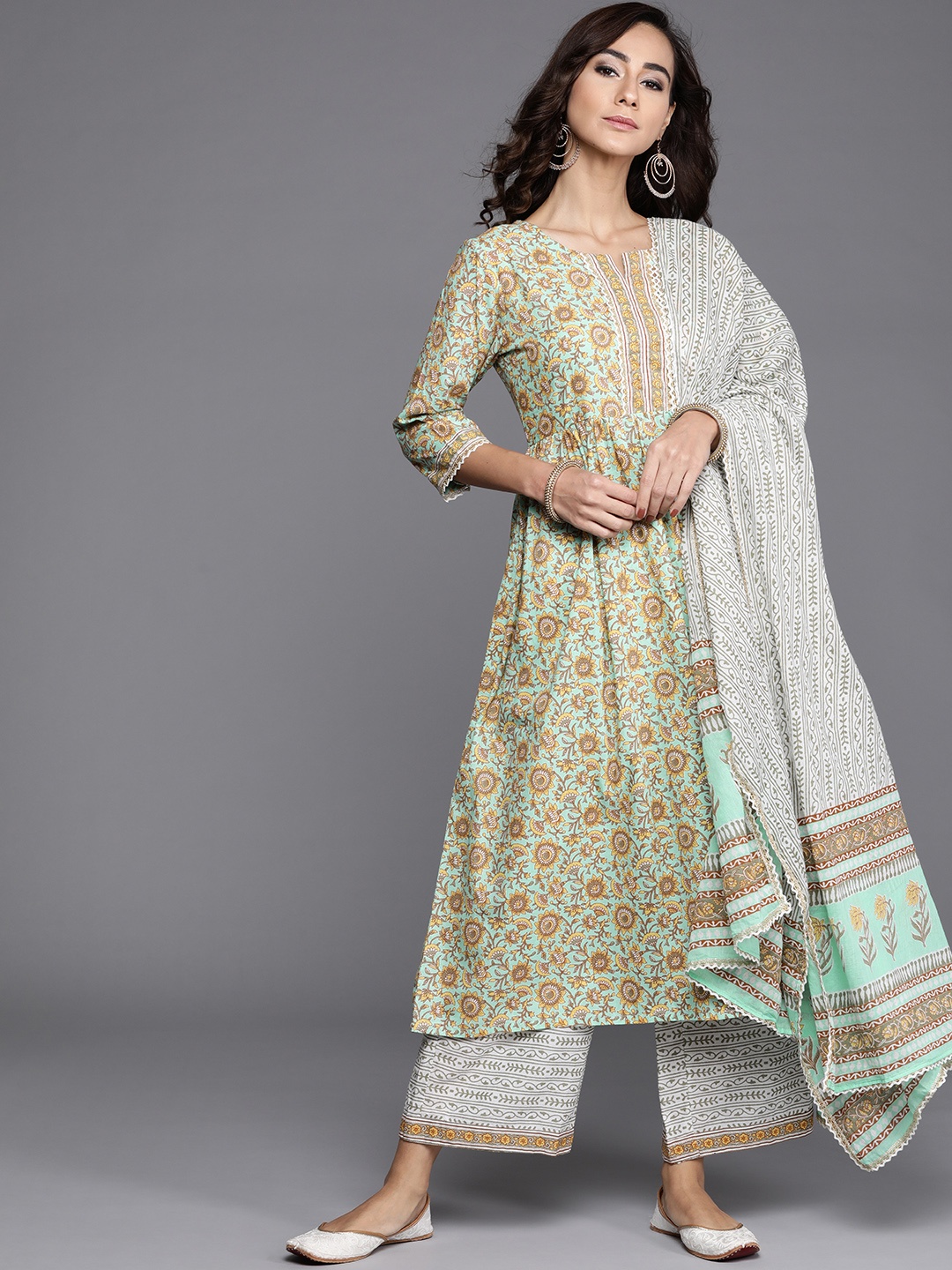 

Libas Women Sea Green & Off-White Printed Pure Cotton Kurta with Palazzos & Dupatta
