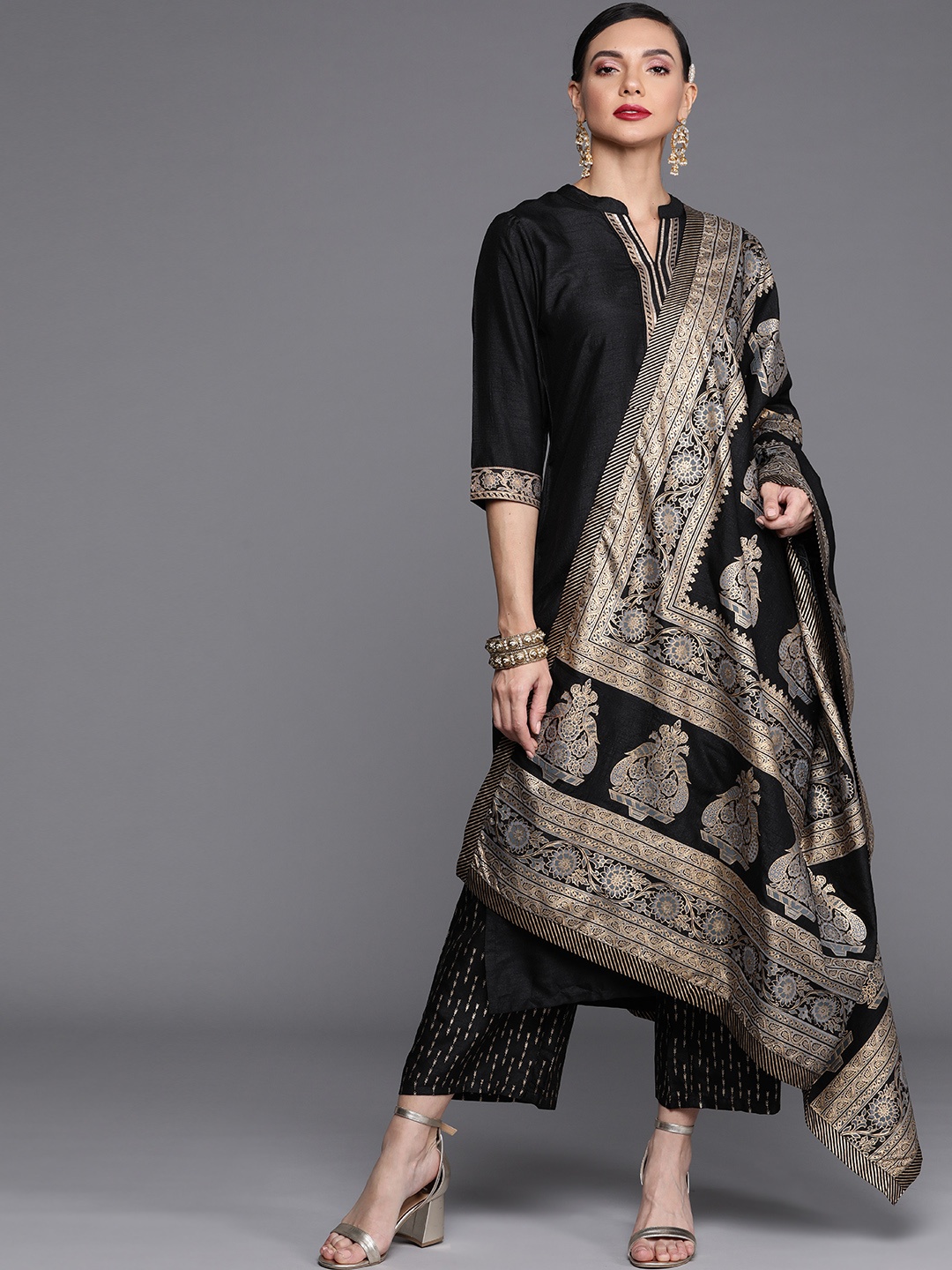 

Libas Women Black Ethnic Motifs Yoke Design Kurta with Palazzos & Dupatta
