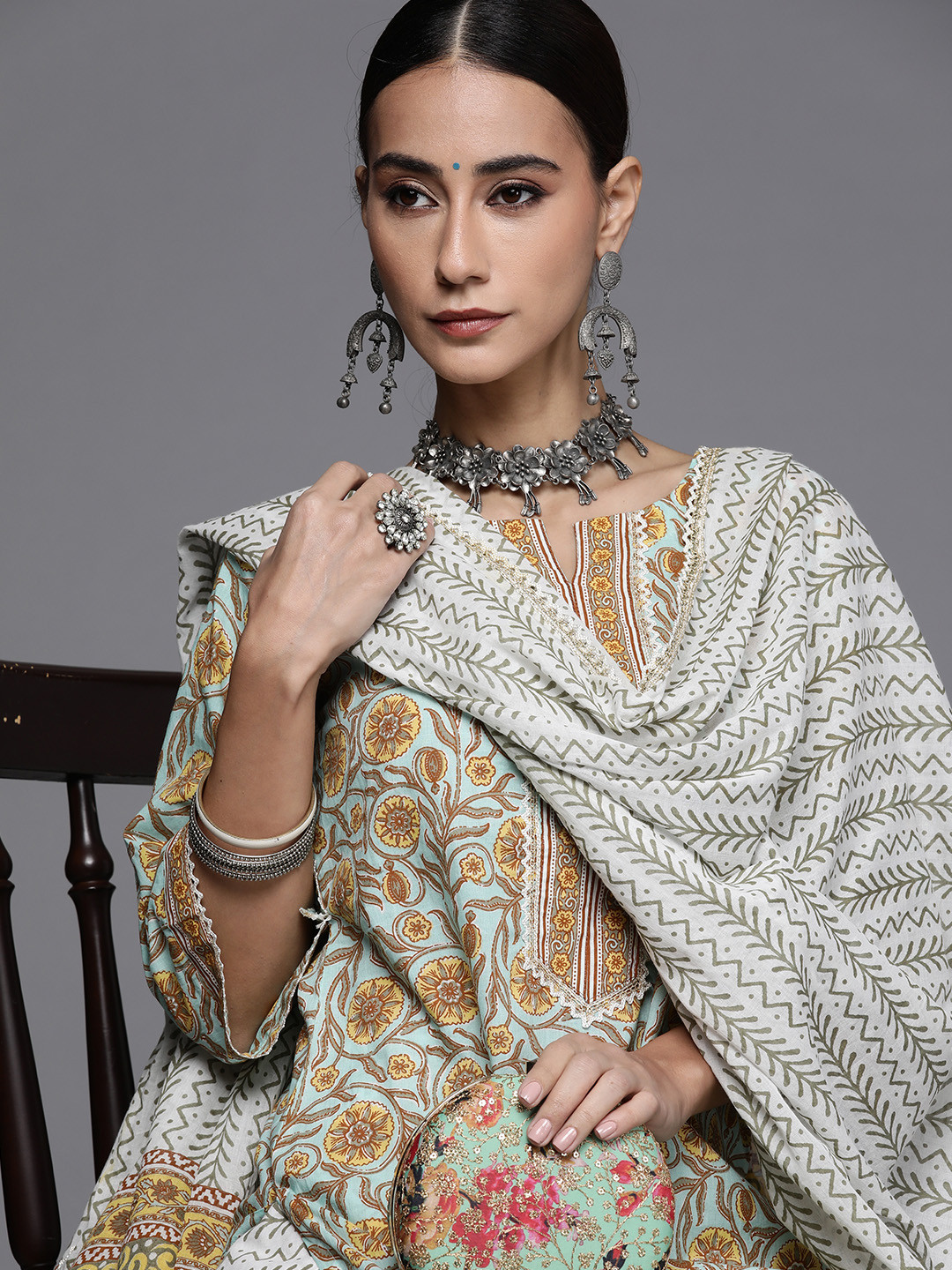 

Libas Women Turquoise Blue & White Printed Pure Cotton Kurta with Palazzos & Dupatta