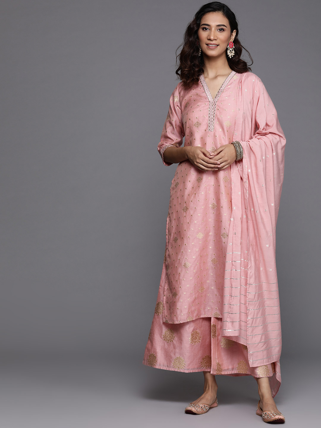 

Libas Women Pink Embroidered Chanderi Silk Kurta with Palazzos & Dupatta