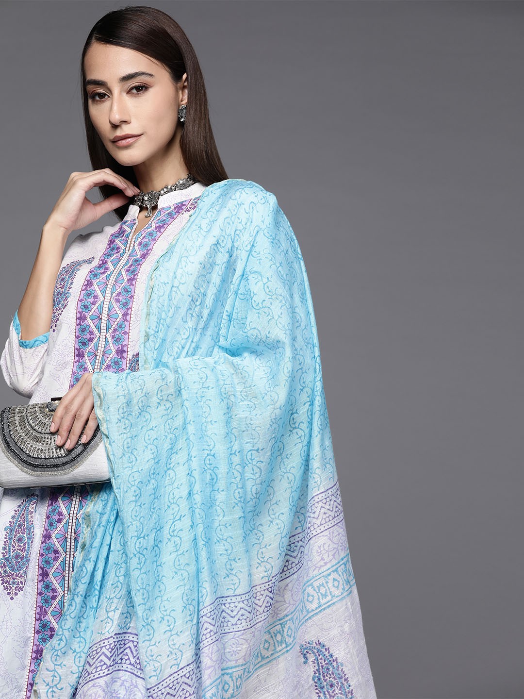 

Libas Women White & Blue Pure Cotton Paisley Printed Kurta with Palazzos & Dupatta